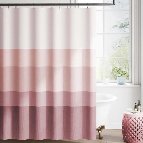 Dusjforheng med gradient – 180×180 cm – vaskbart tekstilstoff – moderne fargestripet design – vannavvisende polyester (rosa)