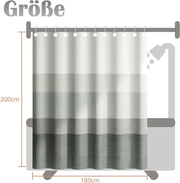 Duschdraperi med gradient – 180×200 cm – tvättbart textiltyg – modern färgstrimmig design – vattenavvisande polyester (grå)