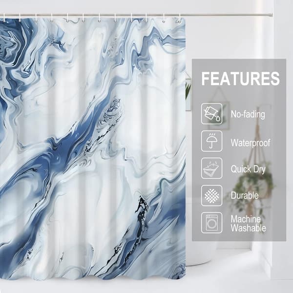 Shower Curtain - 180x200 cm - Chinese Ink Marble Pattern in Gradient - Modern Abstract Art - Waterproof Fabric - Machine Washable - Hooks Included Blue