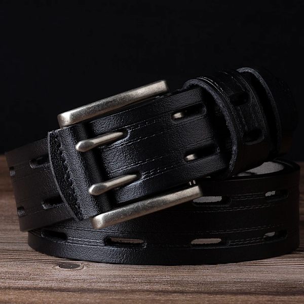 Mäns läder dubbelnålsspänne Klassiskt dragradshål Jeansbälte Cowboy Square Hole Black 115CM