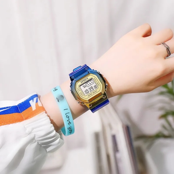 Herr Damklockor Guld Casual Digital Watch Lover's Gift Clock LED Lysande armbandsur Pojke Flickor Väckarklocka blue
