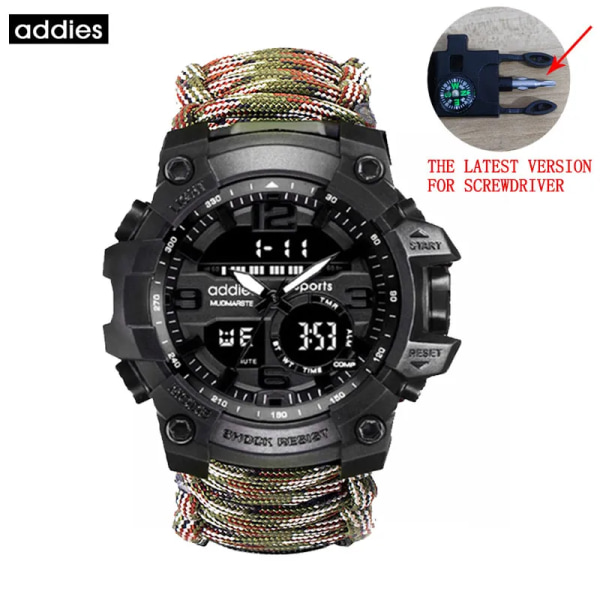 ADDIES Outdoor Survival Watch Multifunktionell Vattentät Militär Taktisk Paracord Watch Armband Camping Vandring Nödutrustning Camouflage