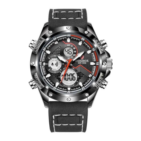 2023 Ny Dual Display Herrklockor Lyx Sport Vattentät Kvarts Elektronisk Watch För Män Mode Läder Lysande Kronograf L Black and white