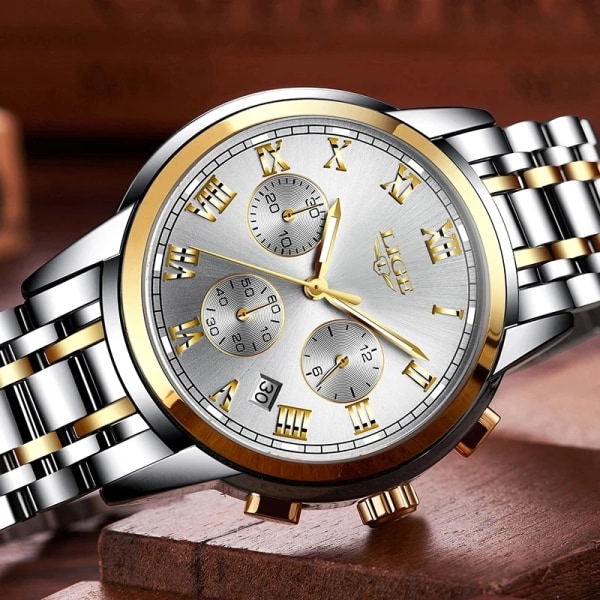 LIGE Herrklockor Topp Lyx Märke Helt Stål Vattentät Sport Watch Herr Mode Datum Klocka Kronograf Relogio Masculino steel gold black