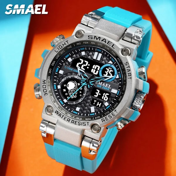 SMAEL Light Blue Sport Digital Watch för män Vattentät Dual Time Display Chronograph Quarz Armbandsur med Auto Date Week 1803B Black-Box