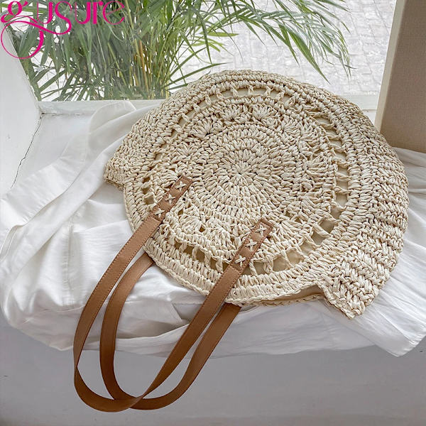 Gusure Sommar Rund Halm Rottingväska Casual Handgjorda vävda Strandväskor Kvinna Stor kapacitet Axelväskor Resehandväska säck cotton-white