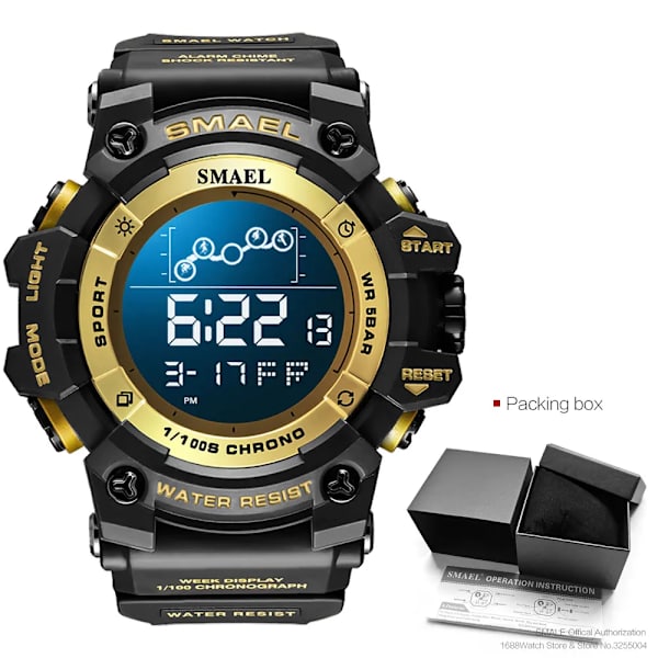 SMAEL Elektroniska Digitala klockor för män Vattentät Unisex Military Sport Armbandsur med Auto Date Week LED Display Vit 8082 Black gold-Box