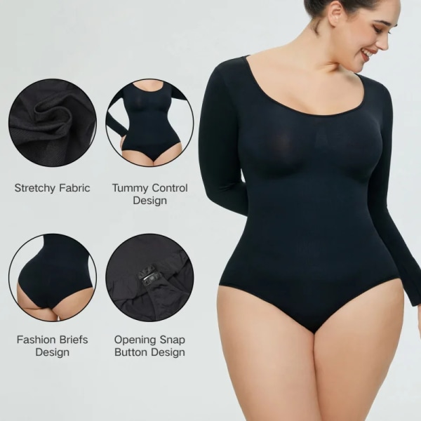 Sexiga jumpsuits för kvinnor sömlösa långärmade one-piece Shapewear för kvinnor Magkontroll ärmlös kroppsformare Black S