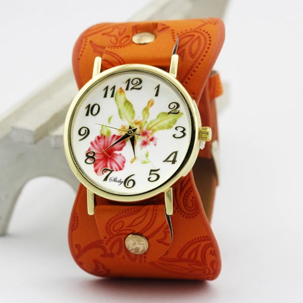 shsby Nyankomst Printed läderarmband Armbandsur Klänning med brett band Watch med blommor Mode Kvinnor Casual watch Orange