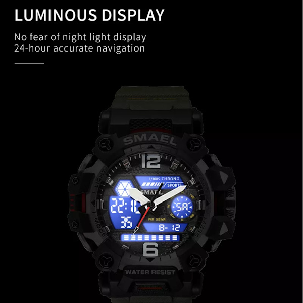 SMAEL Herrklockor 50m Vattentät Watch Military Man Watch Digital 8072 Dual Display Watch Quartz Led Digital ARMYGREEN