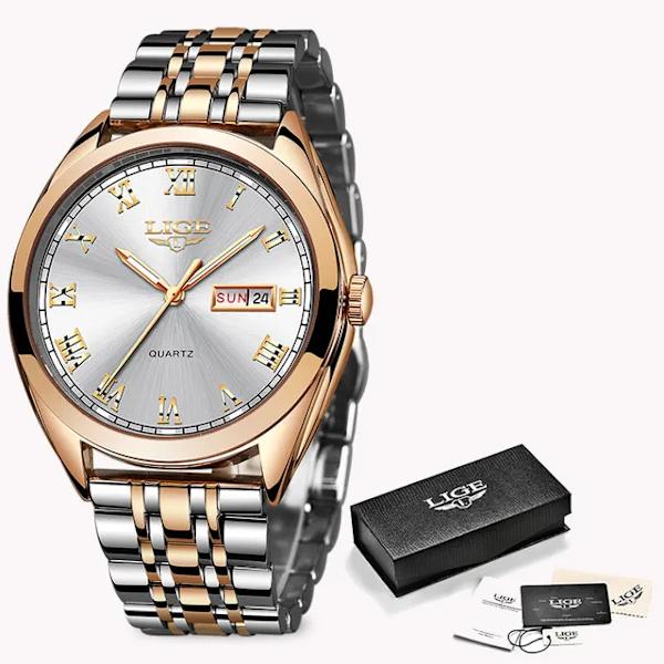 LIGE Damklockor Dam Top Märke Lyxklänning Vattentät Kvarts Watch Dam Rostfritt stål Datum Presentklocka reloj mujer Rose Gold White