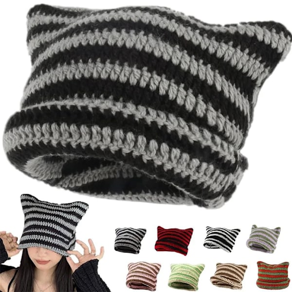 Japansk Streetwear Harajuku Beanie Hatt Liten Djävul Randig Stickad Hatt För Kvinnor Flickor Höst Vinter Söta Kattungeöron Mössa style 02- green