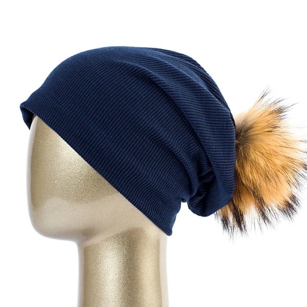 Geebro Damernas Vintermössa Stickad Ribbad Mössa Med Pompom Hatt Enfärgad Slapp Mössa Skullies Chapeu Feminino Dq423M Navy A