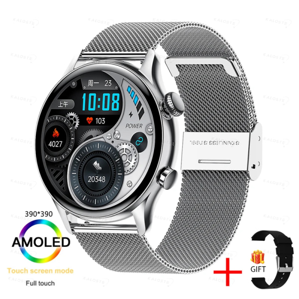 KAVSUMI Smart Watch AMOLED HD-skärm Alltid på display Damklockor Bluetooth Call IP68 Vattentät Sport Fitness Män Smartwatch Silver Mesh Belt original box