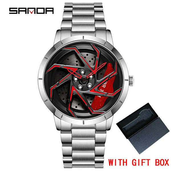 Mode Hot Sell Bilfälg Herr Klockor Rostfritt stål Vattentät watch 360 graders roterande hjul Fälgskiva Quartz Armbandsur leather sr red box(.202)