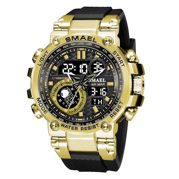 SMAEL Light Blue Sport Digital Watch för män Vattentät Dual Time Display Chronograph Quarz Armbandsur med Auto Date Week 1803B Black Gold