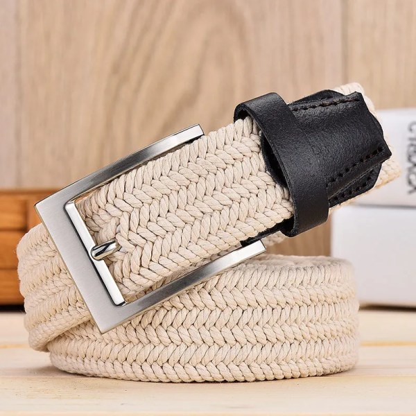 Läderbälte för män för elastiskt rep vax Canvas flätat vävt stretchbälte med lång midja 3,5 CM Cowskin Bälte Toppspets för män 95-160 CM Beige White 100cm