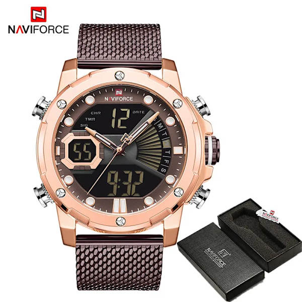 NAVIFORCE Originalklockor för män Lyxmärke Quartz Dual Display Militär watch Mesh stålband Vattentät klocka RGCECE BOX