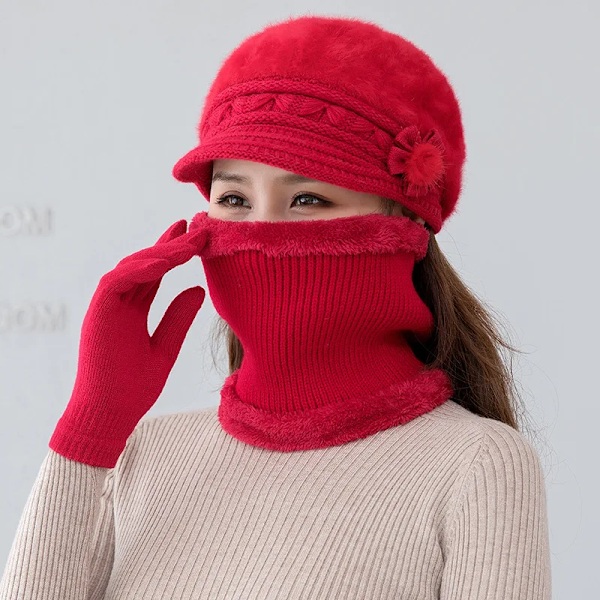 Ny vintermössa Tjock varm stickad mössa Halsduk Vantar 3-delars set för kvinnor Elegant blommig basker Utomhus Skidåkning Ridhjälm Red 3pc