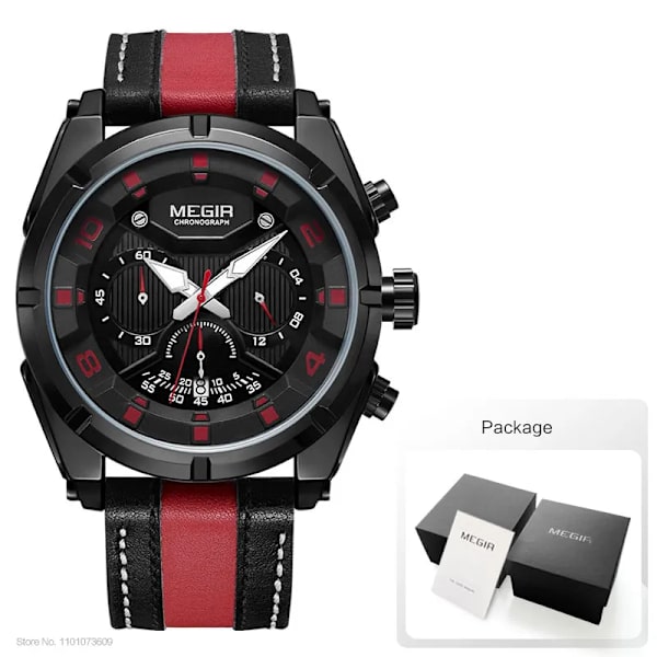 MEGIR Mode Herrkronograf Kvartsklockor Läderrem Lysande händer 24-timmars Sport Analog Armbandsur för Man 2076Vit Red Black-Box