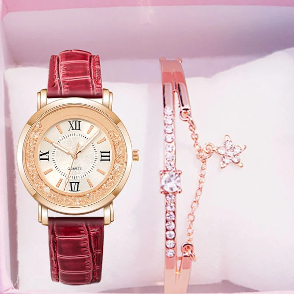 orologio donna Quicksand Rhinestone Watch Mode Läderarmband Damklocka Kvartsklocka Watch watch para mujer red Set
