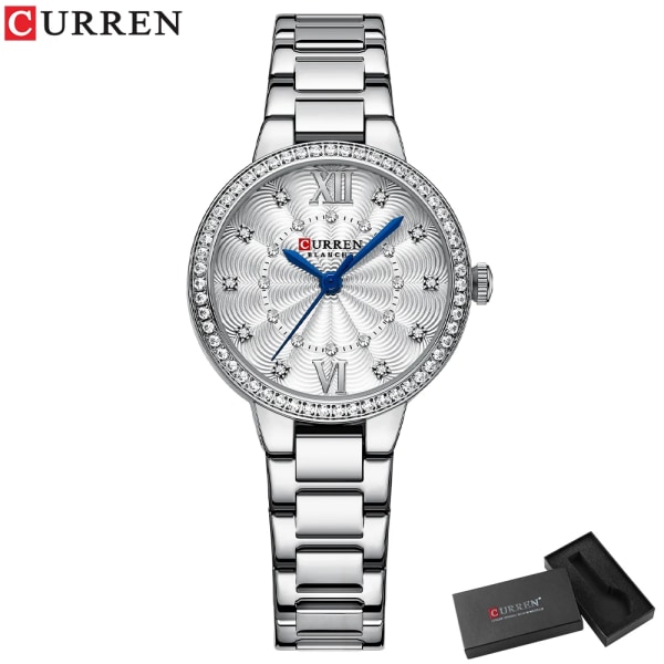 CURREN Quartz Armbandsur för kvinnor Luxury Rhinestones Rose Dial Modeklockor med band i rostfritt stål Nytt silver box
