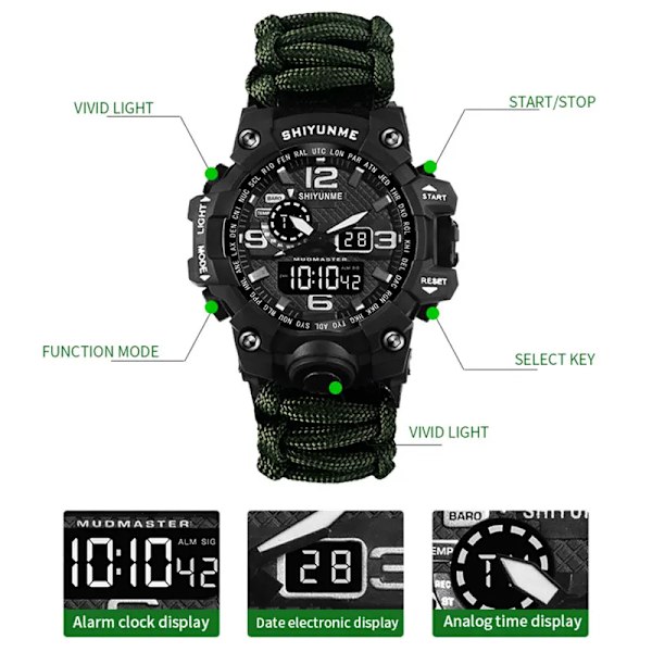 Utomhus Survival Watch Multifunktionell Vattentät Militär Taktisk Paracord Watch Armband Camping Vandring Nödutrustning green