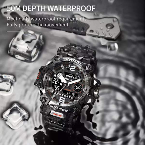SMAEL Herrklockor 50m Vattentät Watch Military Man Watch Digital 8072 Dual Display Watch Quartz Led Digital RED
