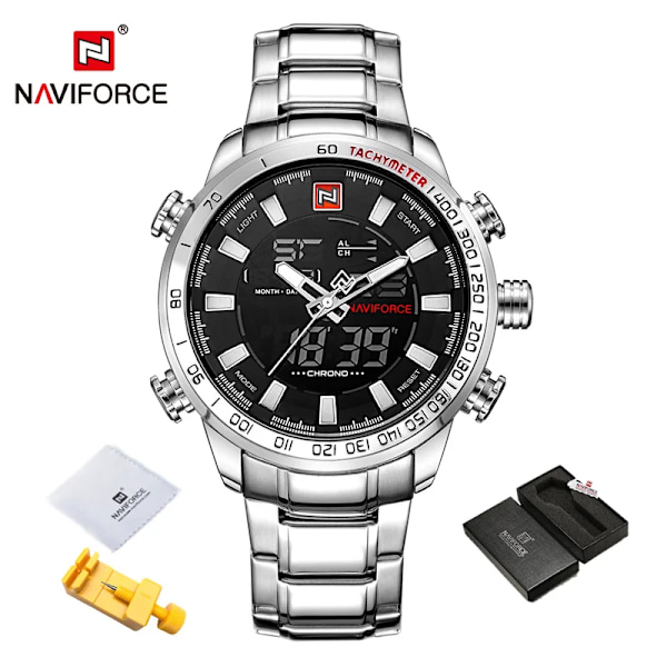 Herrklockor Lyxmode Watch NAVIFORCE Märke Herr Quartz Analog Digital klocka Man Vattentäta klockor i rostfritt stål SBR-BOX