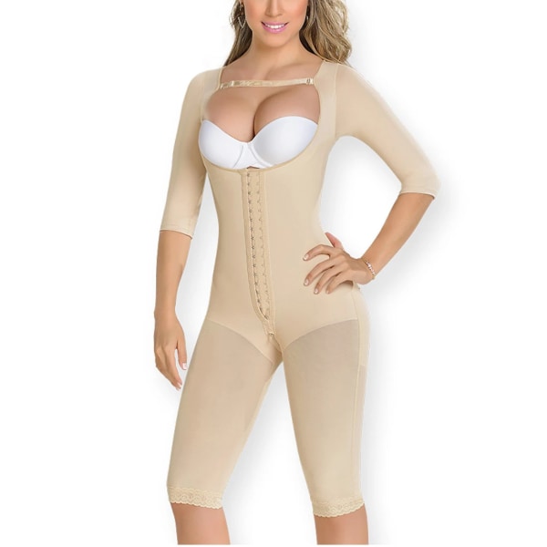 Magkontroll Butt Lifter Knälängd Shapewear ärmar Helkroppsbody för kvinnor Bodysuit efter förlossning Black L