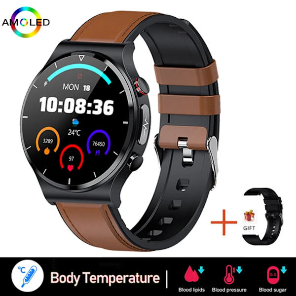 Smärtfri Icke-invasiv Blodsocker Watch Män EKG PPG Laserbehandling Hälsa Blodtryck Sport Smartklocka GlucometerWatch brown leather