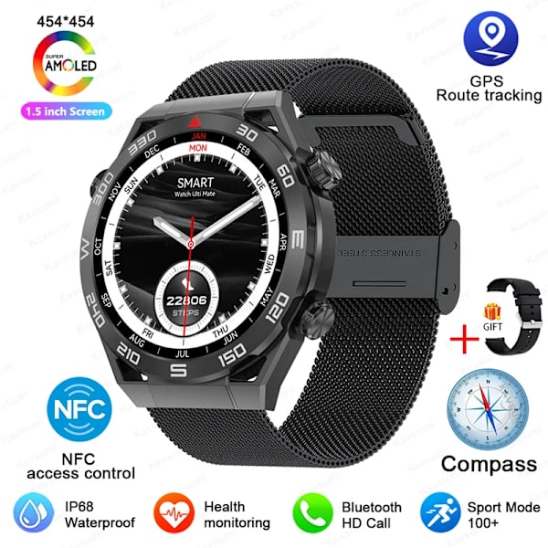 NFC AMOLED Smart Watch Herr Custom Dial Svara Ring Sport GPS Track Kompass IP68 Vattentät Smartwatch För Huawei Ultimate Black Mesh Belt