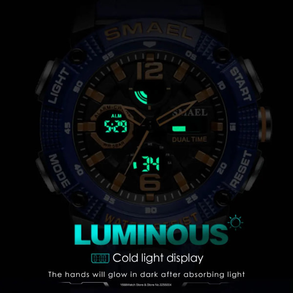 SMAEL Dual Time LED Display Digital watch för män Vattentät Simning Quartz Sportklockor Auto Date Alarm Clock Armbandsur 8039 Khaki