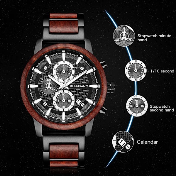 KUNHUANG Träklockor Lyxig lysande multifunktions träkvarts watch för män Mode Sport Klockor Zegarek męski Black red box