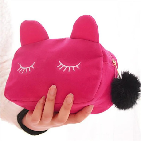 1 st Cartoon Cat Coin Toalettväska Case Resesmink Flanellpåse Organizer Kosmetikväska Fodral För Kvinnor Flickor Rose red