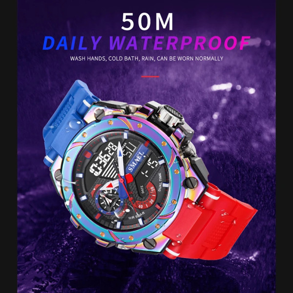 Watch för män SMAEL Armbandsur Watcholorful Red Armband 50M Vattentät Väckarklocka Analog Digitals 8060 Sportklockor SILVER