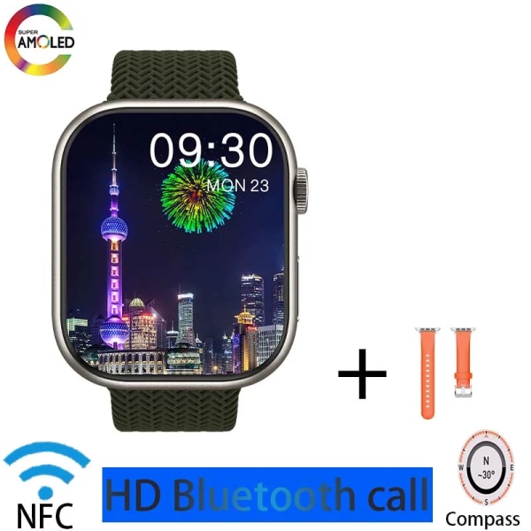 herrsmartklocka IP68 vattentät NFC Bluetooth samtal Smartwatch Series 9 AMOLED explosionssäker skärm för kvinnors smartklocka Green B HK9 PRO