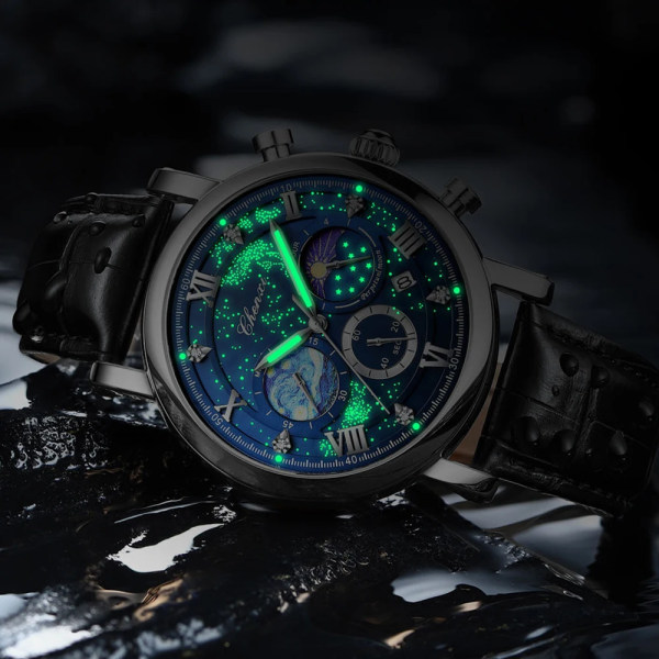 CHENXI Herrklockor Top Märke Lyx Läder Kronograf Watch För Herr Mode Date BusinessVattentät självlysande klocka Black Blue
