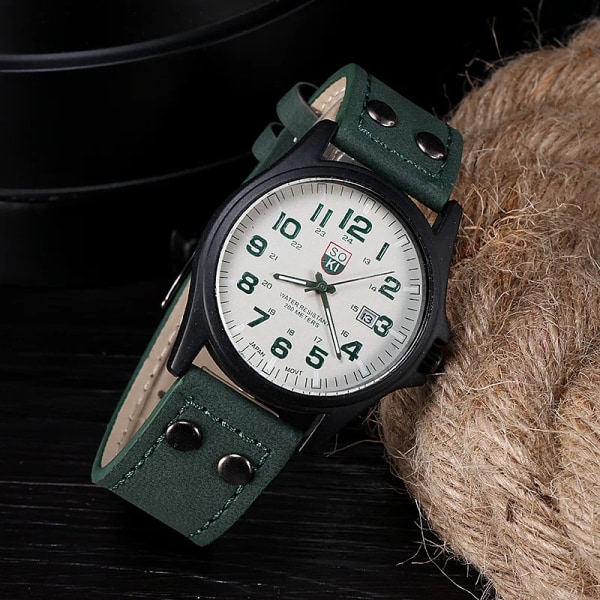 1 st Herr Circular Pointer Watch Läder Military Sports Date Quartz Watch Herr khaki