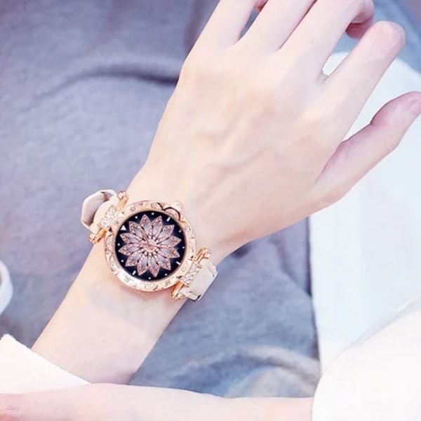 2020 Damklockor Set Starry Sky Watch Casual Läder Sport Quartz Clock Relogio Feminino Beige Not Box