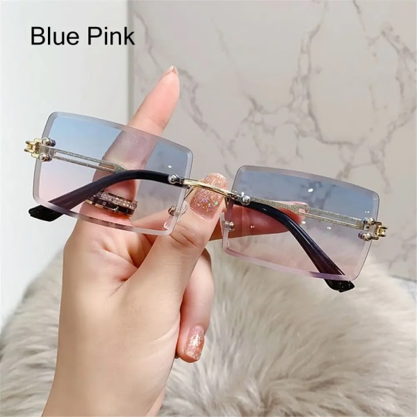 Båglösa rektangelsolglasögon för kvinnor män Vintage nyanser Mode ramlösa UV400 skyddslins solglasögon Blue Pink