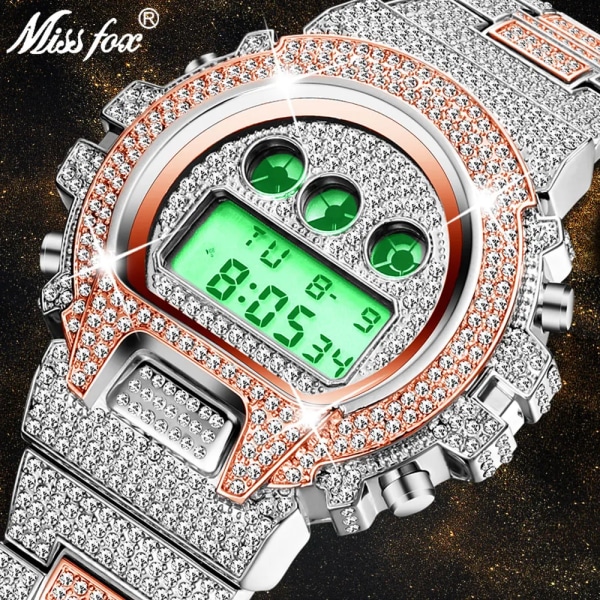 Hip Hop MISSFOX Helt Iced Out Herrklockor Digitalt rostfritt stål Mode Lyx Diamond Quartz Armbandsur AAA Classic Watch V304-RGS