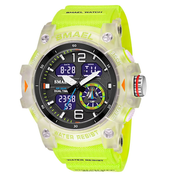SMAEL Dual Time LED Display Watch för män Militär Sport Digitala klockor Dam Unisex Vattentät Auto Date Week Armbandsur 8007 Fluorescent Green