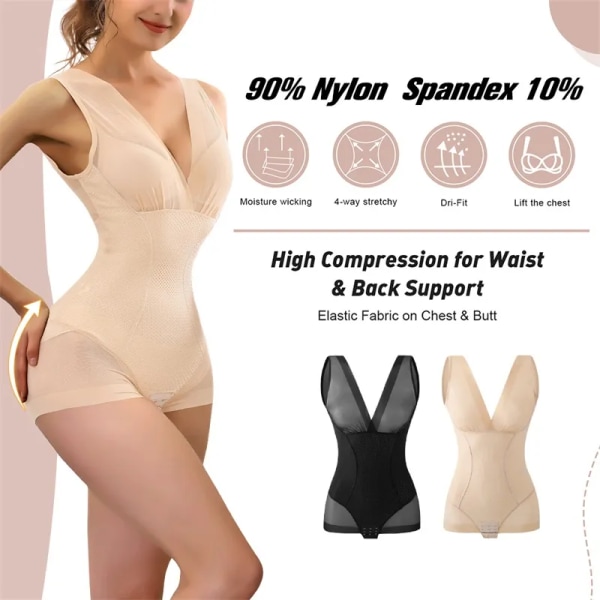 Flarixa Sexig Mesh Shapewear Kvinnor Body Push Up BH Redress Linne Waist trainer Tummy Tuck BodyShaper Transparent Underkläder Beige M(45-53kg)