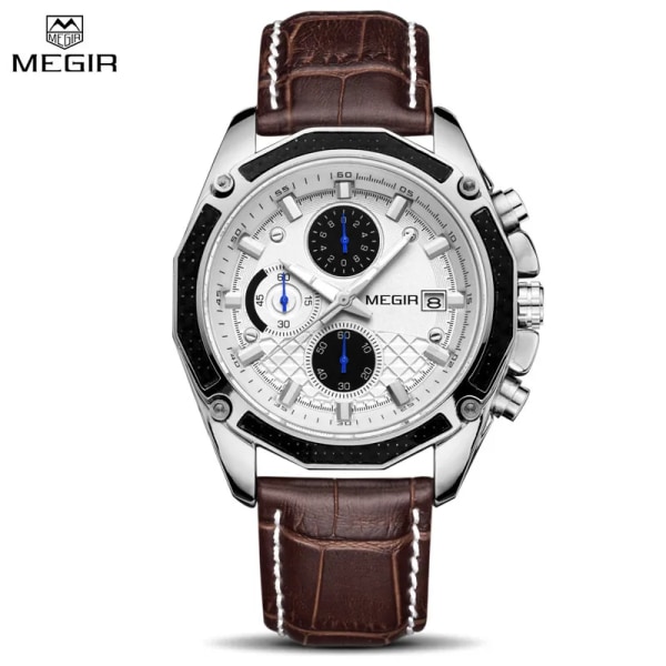 MEGIR Officiell kvarts klockor för män i äkta läder Sport Racing Män Studenter Game Run Chronograph Watch Man Glow Hands Black