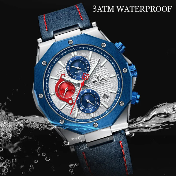 NAVIFORCE Fashion Quartz Klockor för män Läderarmband Sport Chronograph Watch Auto Date Vattentät Lysande Manklockor GBB-BOX