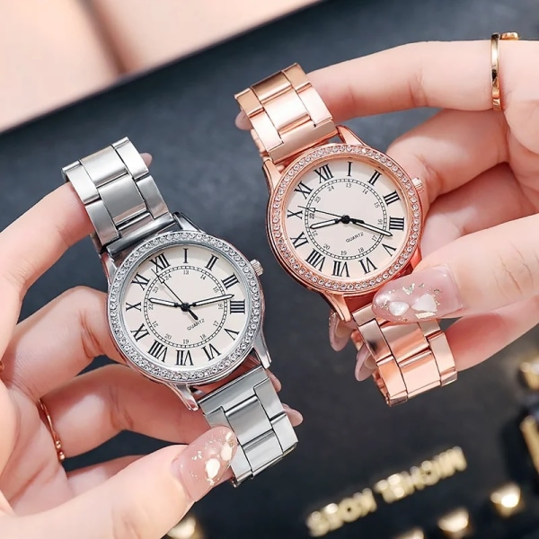 Stålband Enkel Casual Watch Retro Roman Rhinestone Luminous Quartz Watch Lyxarmbandsur för kvinnor 128BR