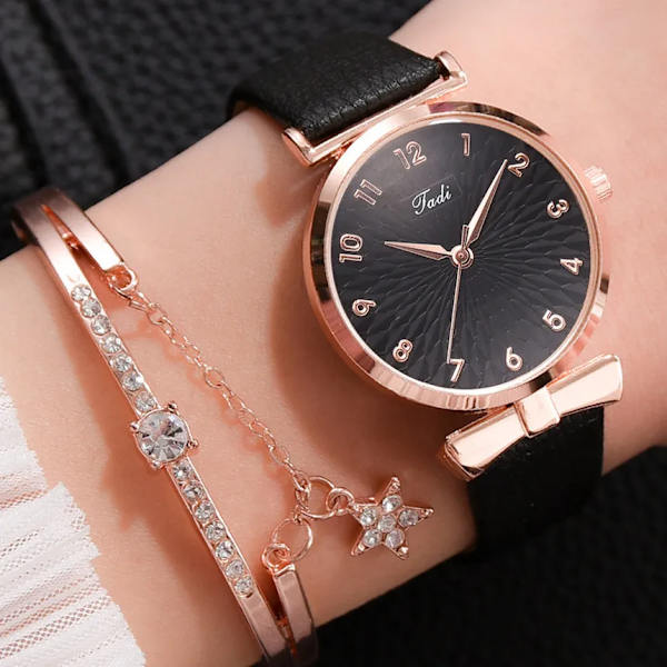 Mode Damklockor Lyxig läderblomma Watch för kvinnor Dam Quartz Watch med set Reloj Mujer Leather Black Set