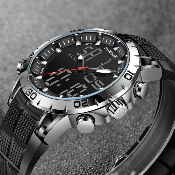 FOXBOX Sport Herrklockor Toppmärke Lyx Dual Display Quartz Watch For Herr Militär Vattentät Klocka Digital Elektronisk Watch Silver