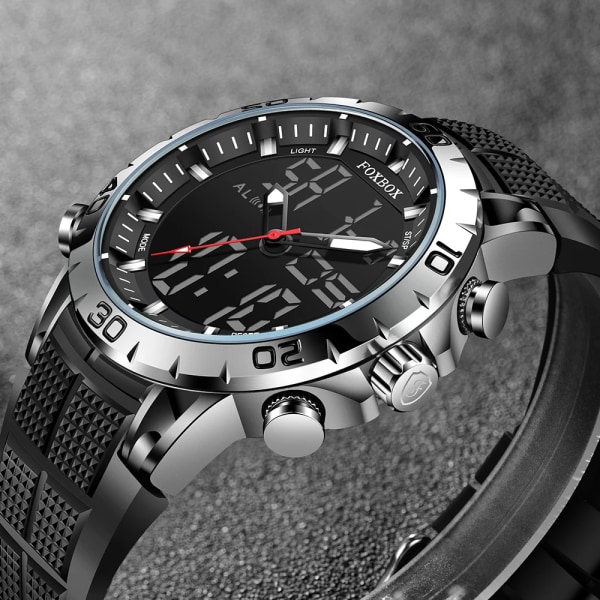 FOXBOX Sport Herrklockor Toppmärke Lyx Dual Display Quartz Watch For Herr Militär Vattentät Klocka Digital Elektronisk Watch White